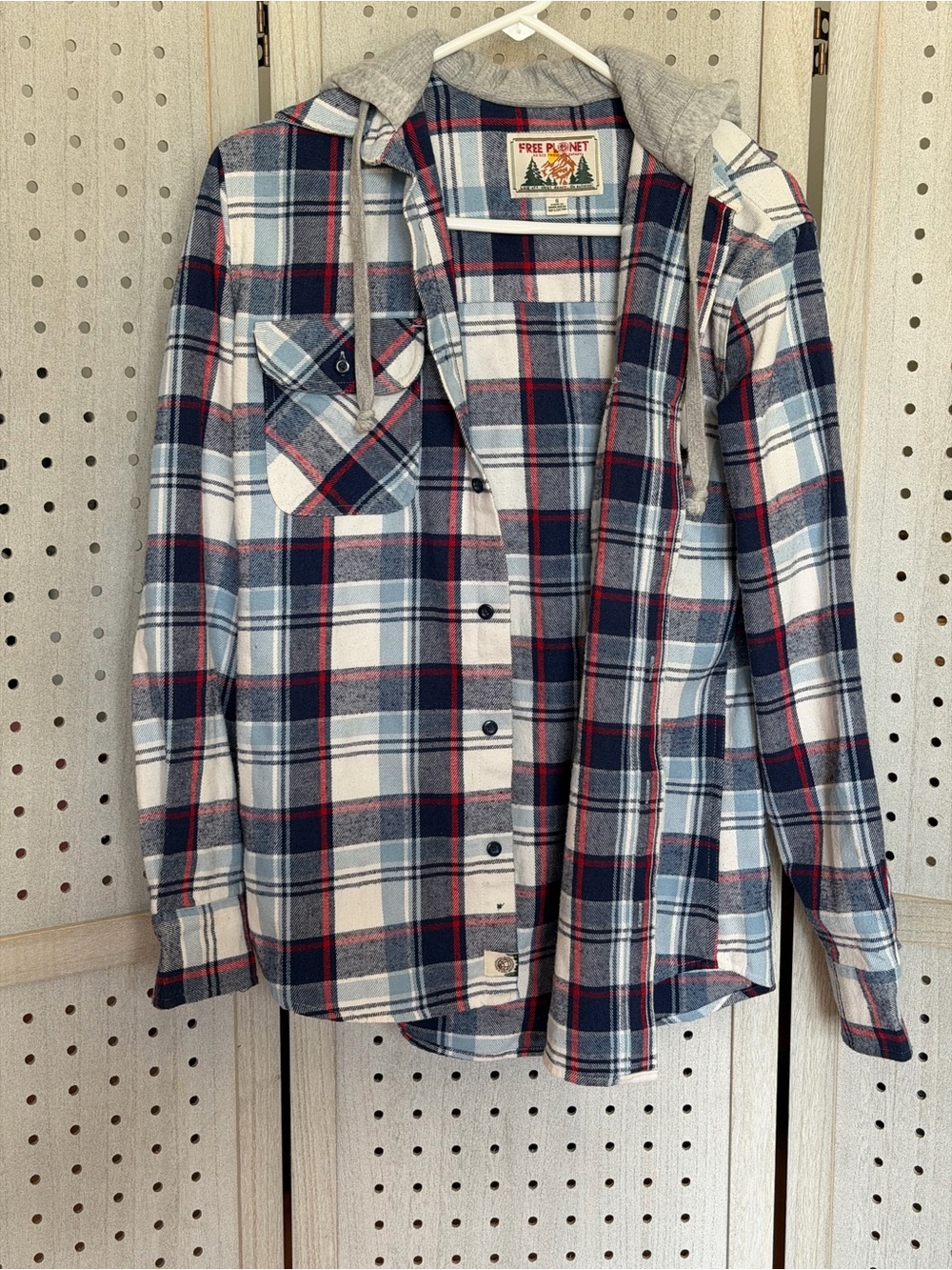 Free Planet Blue, Navy & Red Plaid Hooded Flannel